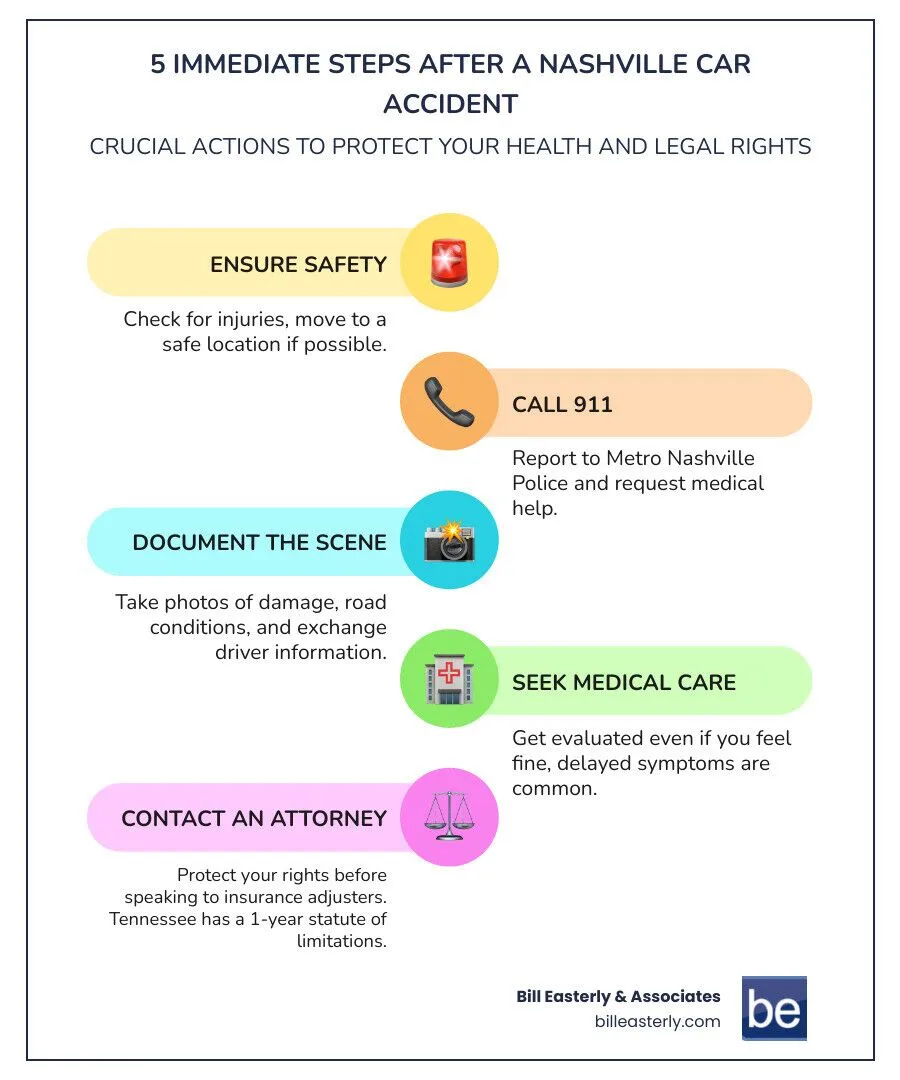 Infographic showing 5 immediate steps after a Nashville car accident: 1. Ensure Safety - check for injuries and move to a safe location, 2. Call 911 - report to Metro Nashville Police and request medical help, 3. Document the Scene - take photos of damage, road conditions, and exchange driver information, 4. Seek Medical Care - get evaluated even if you feel fine, delayed symptoms are common, 5. Contact an Attorney - protect your rights before speaking to insurance adjusters, Tennessee has a 1-year statute of limitations - what to do after a car accident in nashville infographic infographic-line-5-steps-colors