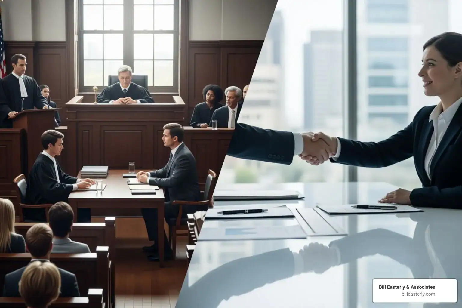 A split image: one side shows a formal courtroom setting with a judge and jury, representing a trial; the other side shows two people shaking hands across a negotiation table, representing a settlement. - wrongful death attorney fees