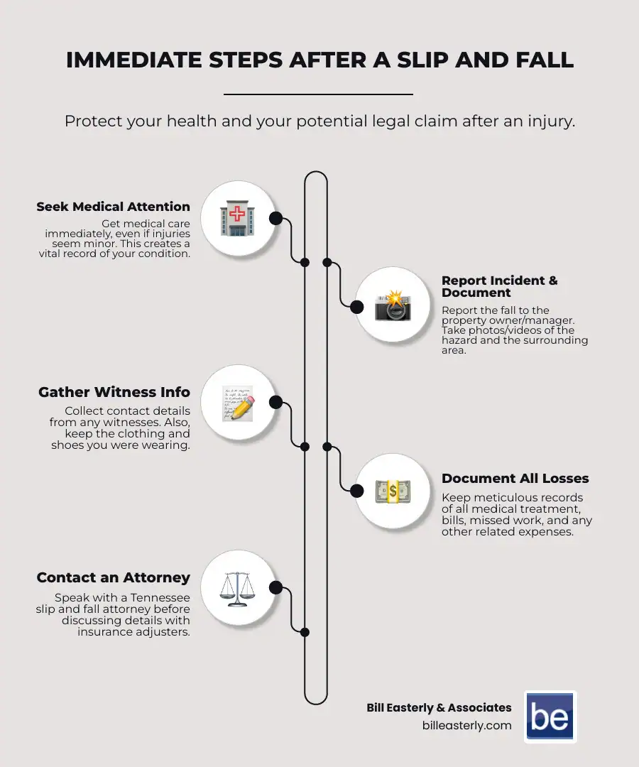 Infographic showing the immediate steps to take after a slip and fall accident: 1) Seek medical attention immediately, even if injuries seem minor, 2) Report the incident to the property owner or manager and request a written incident report, 3) Take photos or videos of the hazard and surrounding area, including lighting conditions, 4) Collect contact information from any witnesses, 5) Keep the clothing and shoes you were wearing, 6) Document all medical treatment, missed work, and expenses, 7) Contact a Tennessee slip and fall attorney before speaking to insurance adjusters - slip and fall attorney infographic infographic-line-5-steps-elegant_beige
