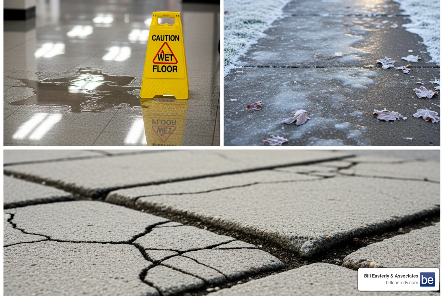 collage of common slip and fall causes like spills, icy sidewalks, and broken pavement - slip and fall lawyer nashville